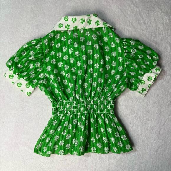 Vtg Cinderella Shamrock Green Blouse White Wide Leg Pants Girls Small Outfit Set - Picture 4 of 10